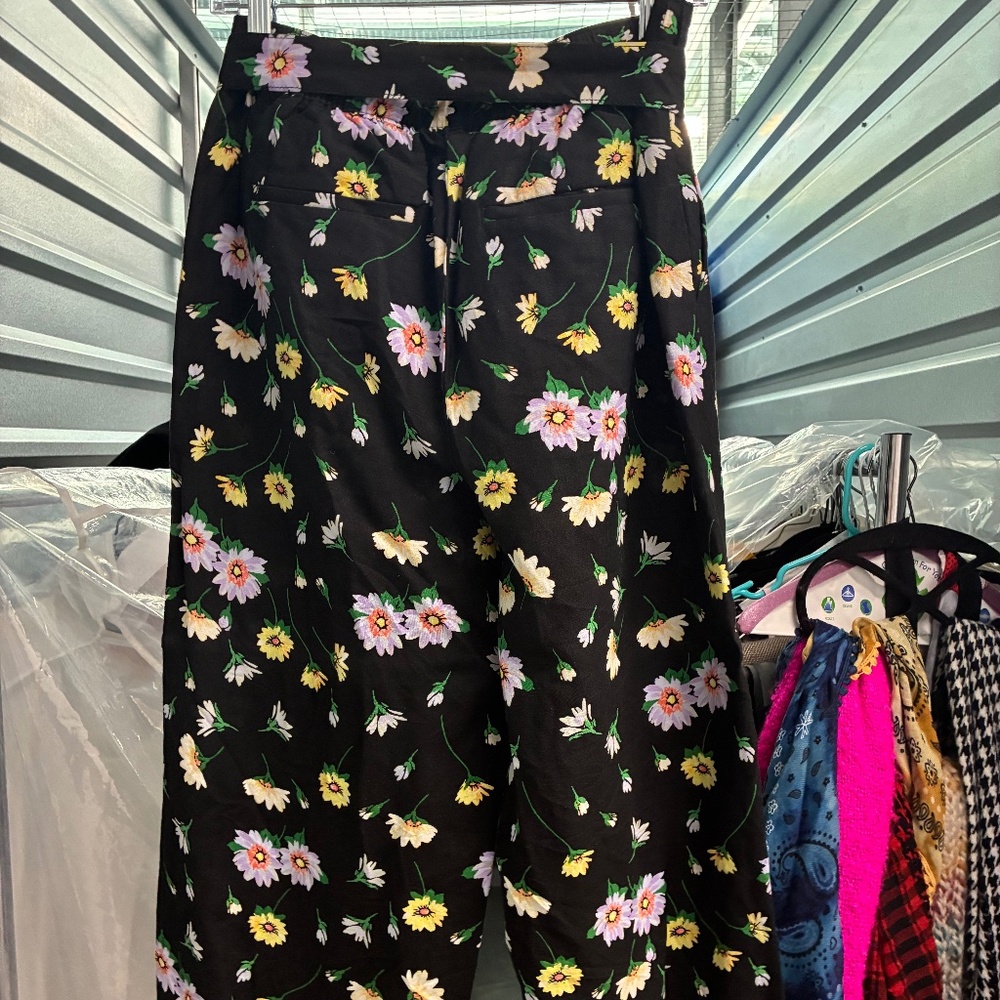 Black Floral Wide Leg Linen Pant Tie Waist Pockets